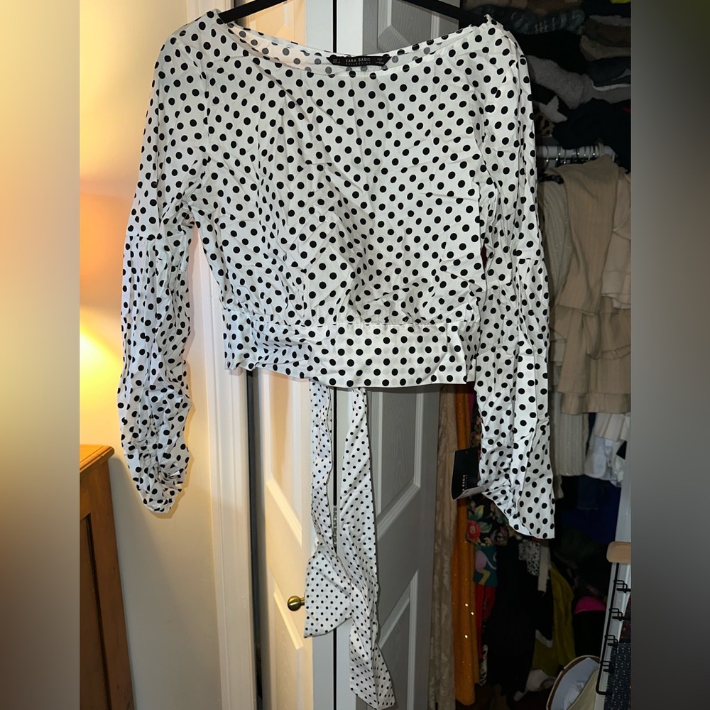 White Polka Dot Tie-Back Long Sleeve Blouse